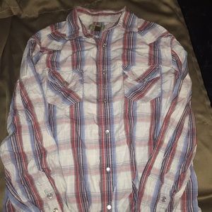 Red white and blue plaid button up